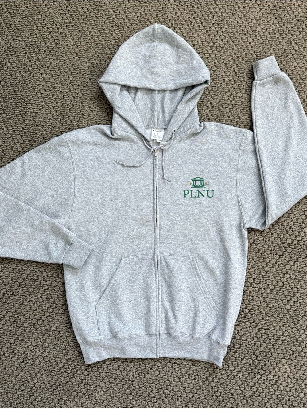 Champion Gray Full-Zip Hoodie with Green PLNU Logo